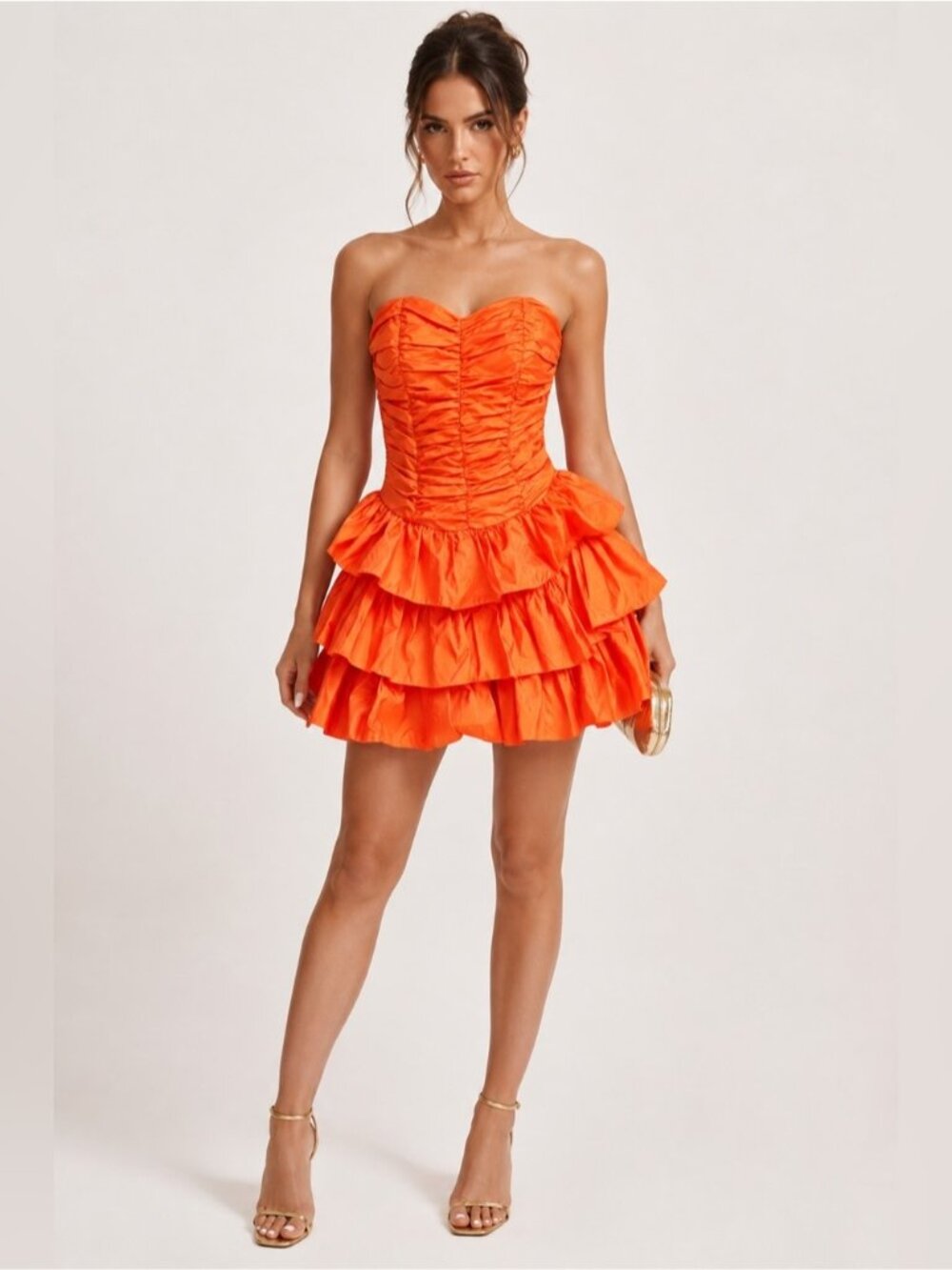 Joseph Ribkoff Vintage 80s Strapless Orange Taffeta Tiered Ruffle Party Dress